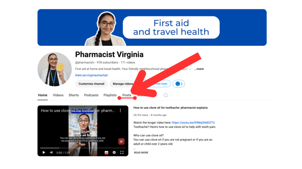 Red arrow pointing to the Posts tab on YouTube channel page for Pharmacist Virginia