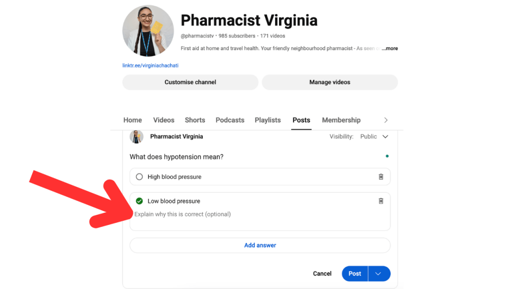 Red arrow pointing to the answer on a quiz which reads Explain why this is correct (optional)