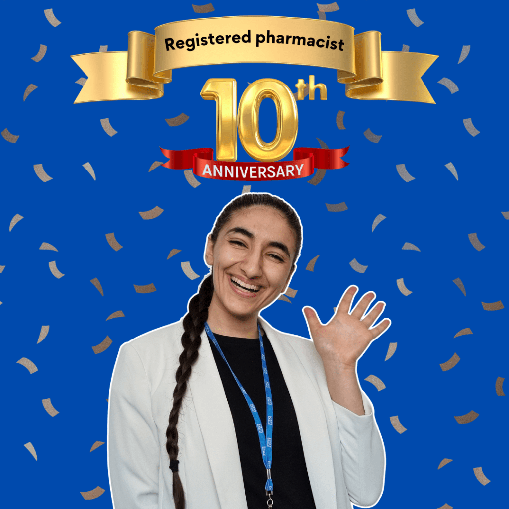 Virginia Chachati in a white jacket and black t-shirt underneath with a blue NHS lanyard, smiling and with her hand waving. She has long dark hair tied back in a plait over her left shoulder.

The background is blue with gold confetti, and a gold banner that says Registered pharmacist. 10th in gold and anniversary on a red ribbon underneath the 10th.