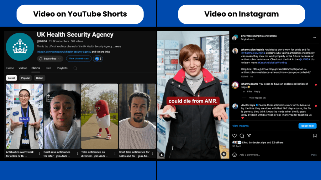 Virginia Chachati as Pharmacist Virginia on the UK Health Security Agency YouTube channel and Instagram channel.